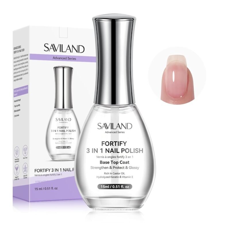 SAVILAND Advanced 3-in-1 Base & Top Coat & Nail Strengthener: Quick Dry Clear Nail Polish Nail Strengthener and Growth for Nail Treatment Repair Damaged Nails Care, Glossy Effect 0.5 fl oz