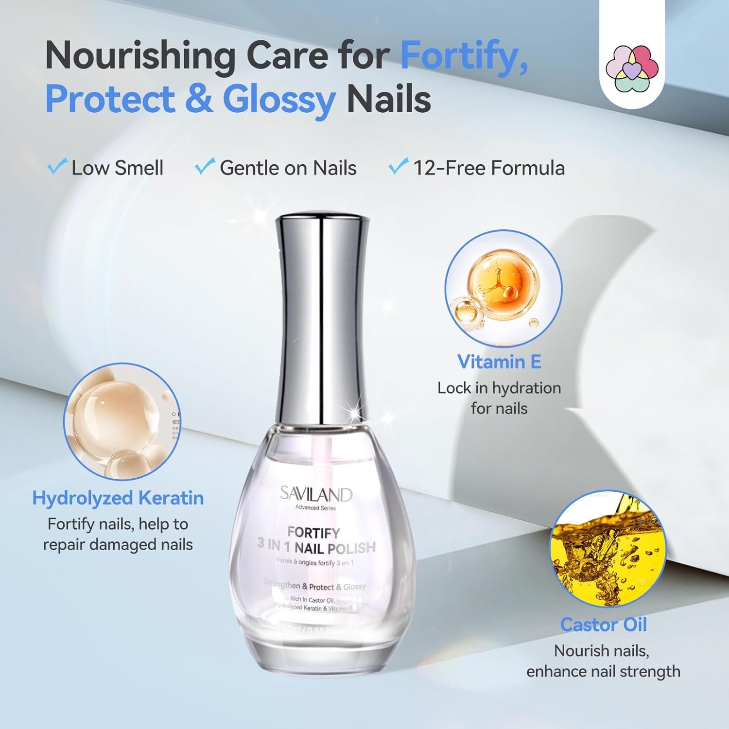 SAVILAND Advanced 3-in-1 Base & Top Coat & Nail Strengthener: Quick Dry Clear Nail Polish Nail Strengthener and Growth for Nail Treatment Repair Damaged Nails Care, Glossy Effect 0.5 fl oz - Image 6