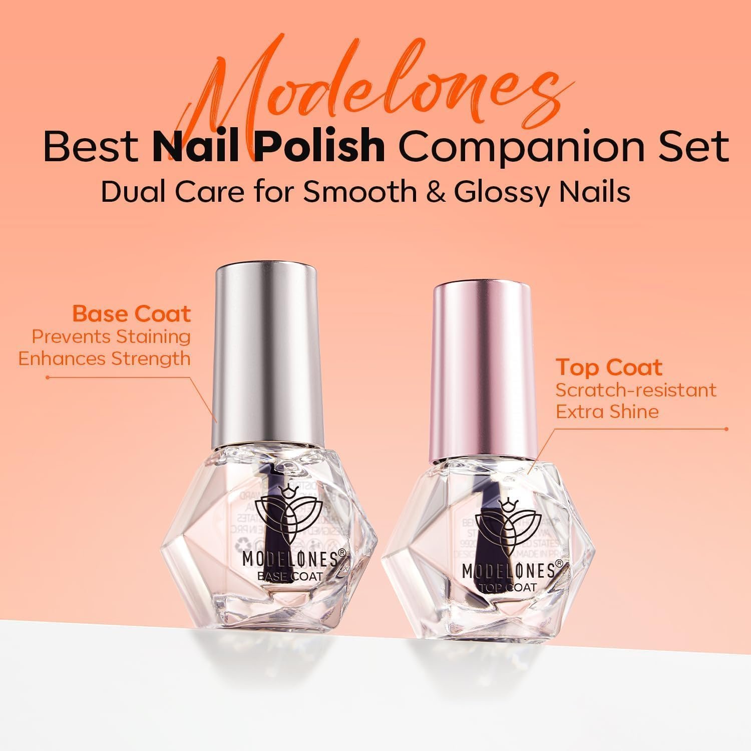 modelones 2 Pcs No Wipe Top Coat and Base Coat Nail Polish Set, Clear Quick Dry Nail Polish High Shine Long Lasting Glossy Regular Nail Lacquer Air Dry Fast Base Top Coat Gifts for Women Nail Art 5 ML - Image 2