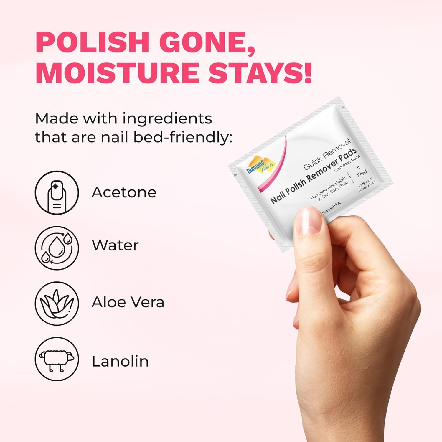 Diamond Wipes Nail Polish Remover Wipes with Aloe Vera, Acetone Nail Polish Remover Pads, 50 Individually Wrapped Nail Polish Wipes - Image 3