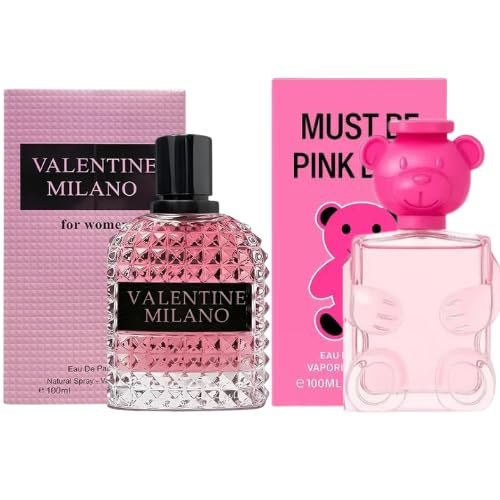 Valentine Milano Women & Must be Pink Bear Women's Perfume Set, 3.4oz each Eau De Parfum, Notes of Bubble Gum, lemon, bulgarian rose Fragrances, 2-Pack