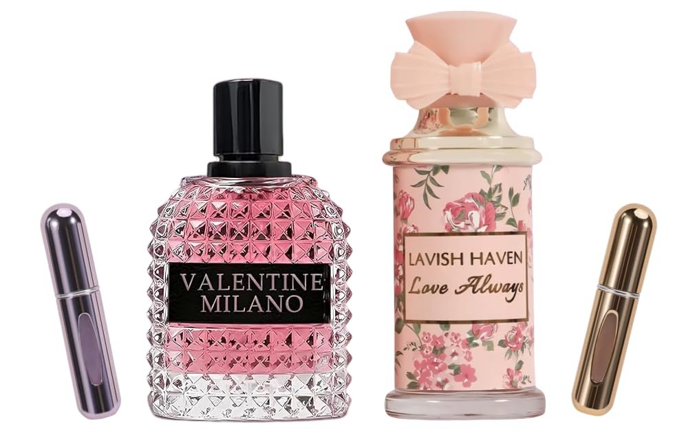 Valentine Milano Couple Set Perfume Gift Set for Women/Men EDP ?C (100ml x2) Amber Floral & Oriental Scents, Cologne with a Modern Twist Elegant, Plus 2 Refillable 5ml Travel Spray Bottles.