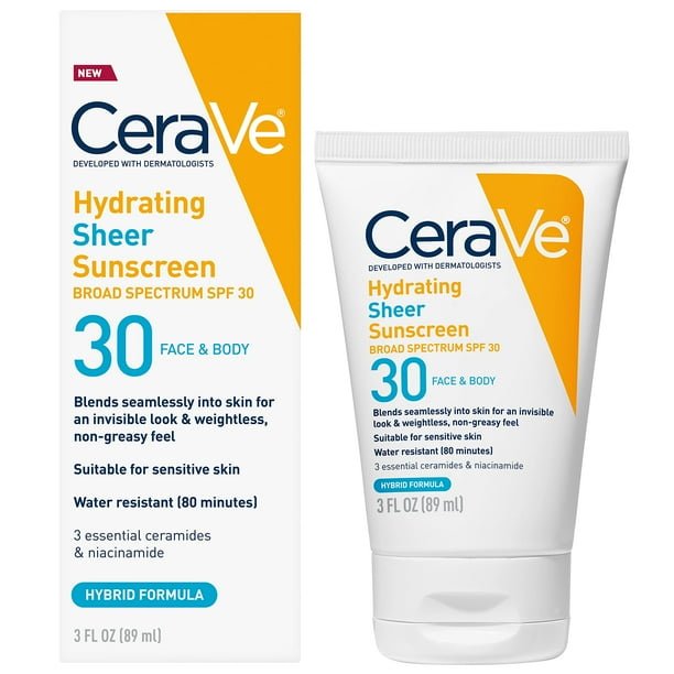 2pc Protector solar CeraVe Hydrating Sheer SPF 30 para rostro y cuerpo, 90 ml